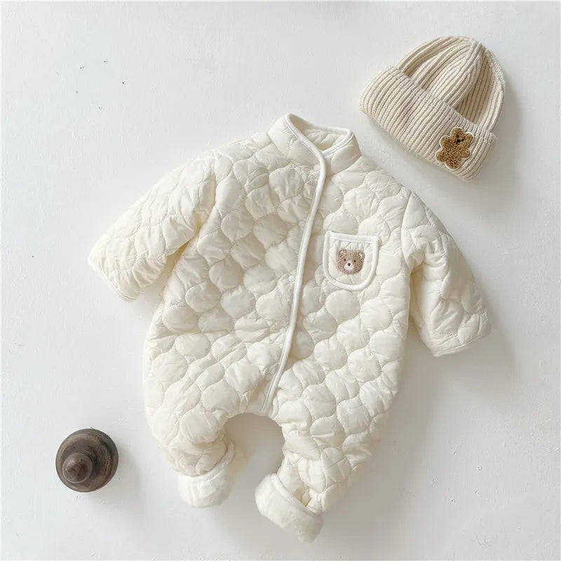 Newborn Baby Boy Clothes Long Sleeve Warm Padded Winter Rompers One Piece Jumpsuit Solid Color White Coveralls Kids Girls