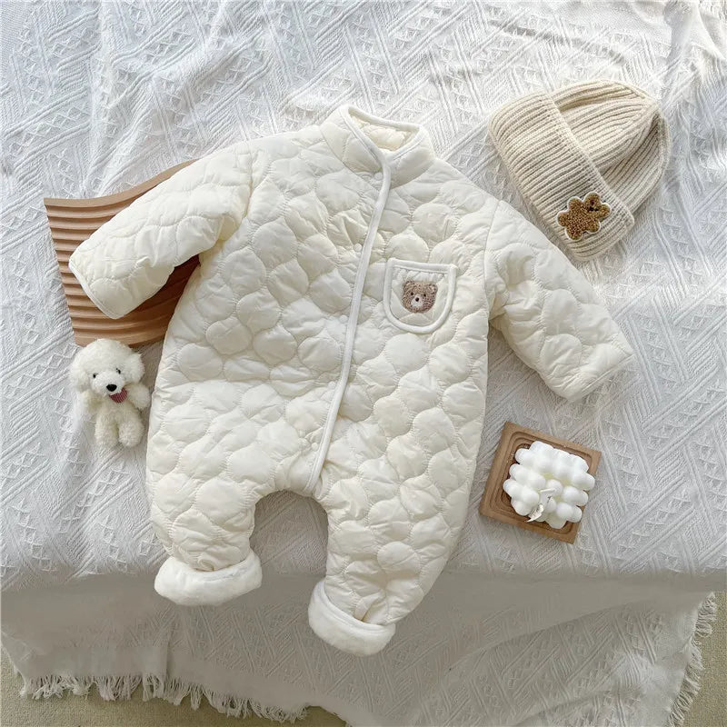 Newborn Baby Boy Clothes Long Sleeve Warm Padded Winter Rompers One Piece Jumpsuit Solid Color White Coveralls Kids Girls